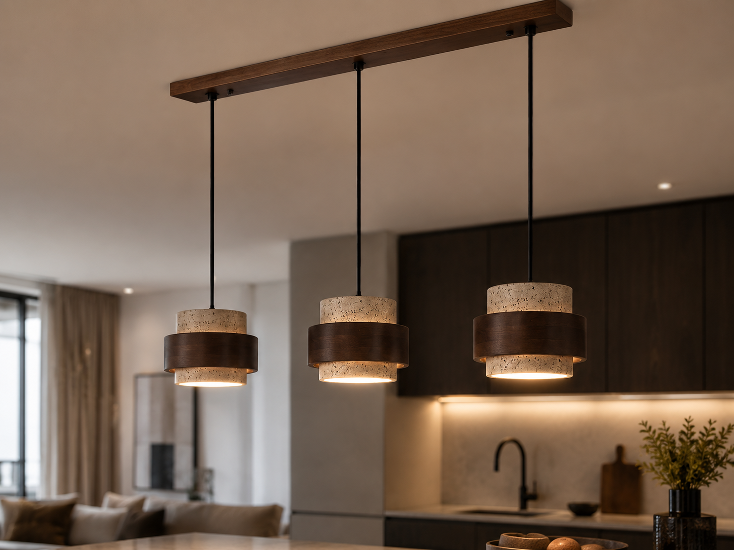 Stone and Wood Linear Pendant Light Mira