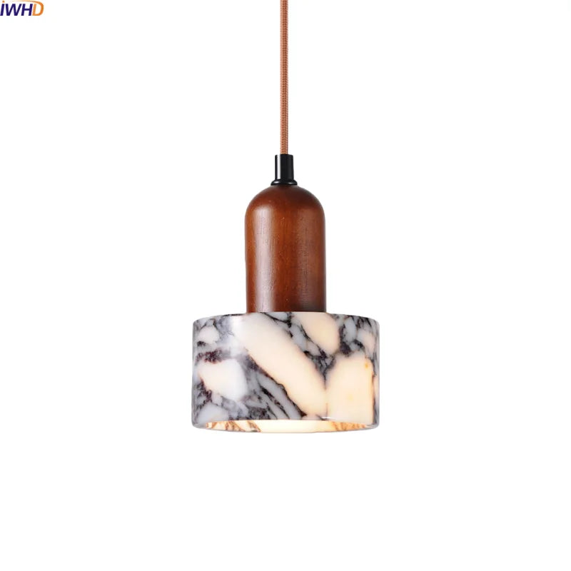IWHD Wood Marble LED Pendant Lights Decoration Bedroom House Dining Room Kitchen Wabi Sabi Simplicity Hanging Lamp Pendelleuchte