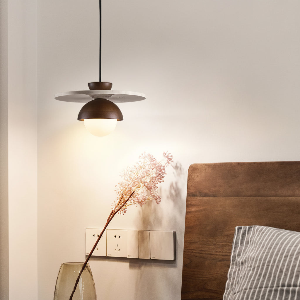 IWHD Mid Century Modern LED Pendant Lamp Interior Lighting For Dining Room Bedroom Yellow Travertine Wood Hanging lights Lampara