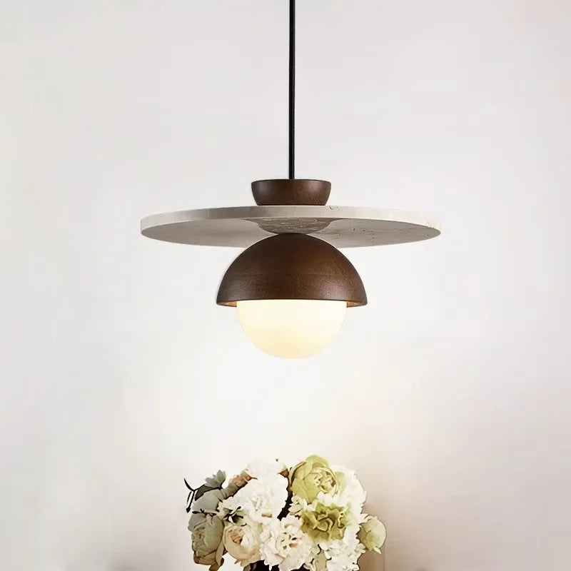 IWHD Mid Century Modern LED Pendant Lamp Interior Lighting For Dining Room Bedroom Yellow Travertine Wood Hanging lights Lampara