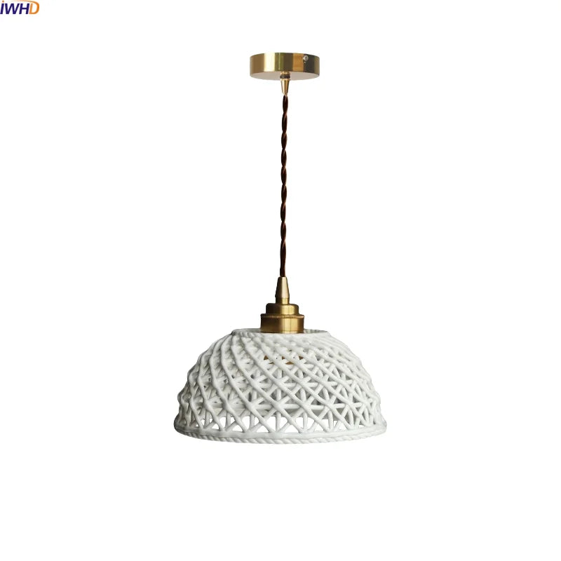 IWHD White Ceramic LED Pendant Lamp Dining Room Loft Roof Hanging Chandelier Home Decor Items Japanese Style Hanging Lights