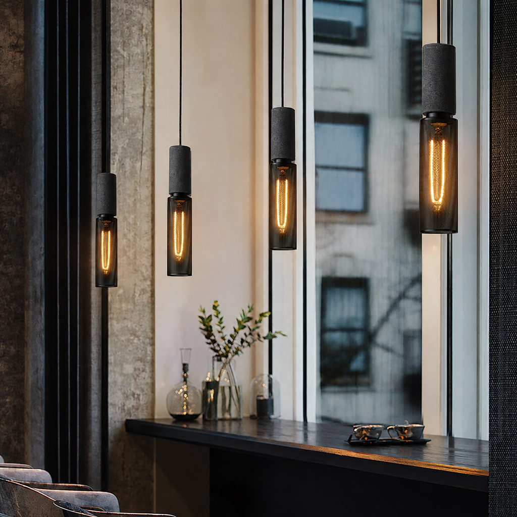 Concrete Mesh Pendant Light Hesta, Quatre suspensions devant les fenetres