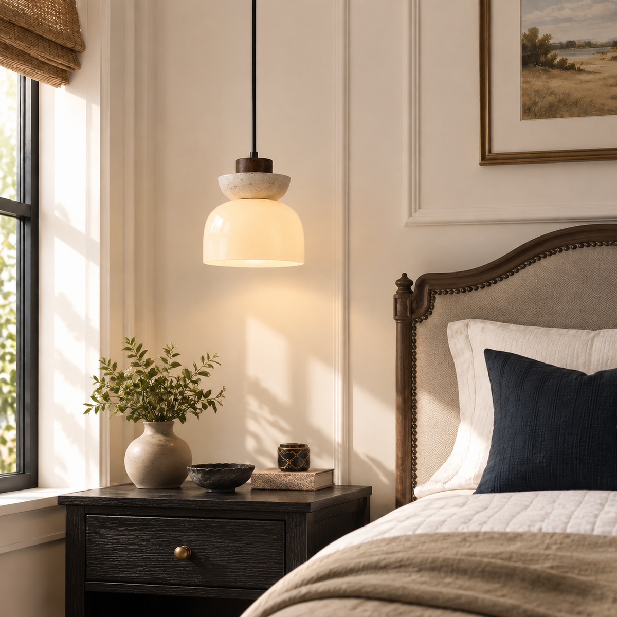 Travertine Glass Pendant Light Kalira, Mise en situation, chambre