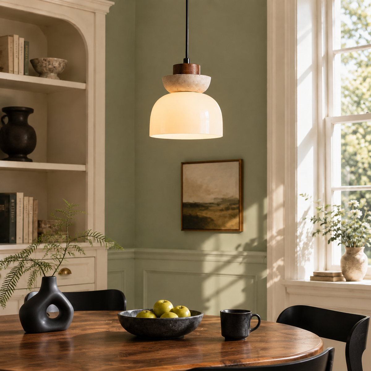Travertine Glass Pendant Light Kalira, Coin repas