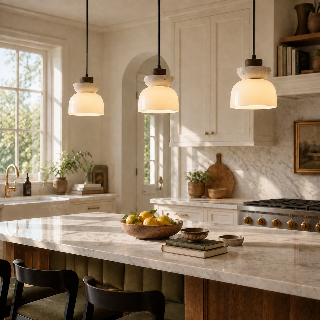 Travertine Glass Pendant Light Kalira, Cuisine, plan de marbre