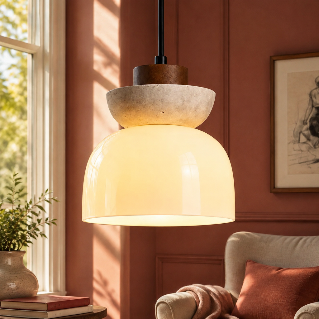 Travertine Glass Pendant Light Kalira, Gros plan sur le globe