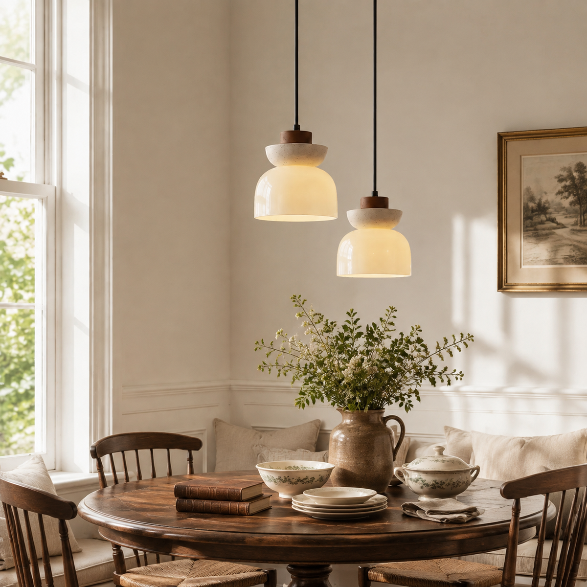 Travertine Glass Pendant Light Kalira, Table ronde, deux suspensions