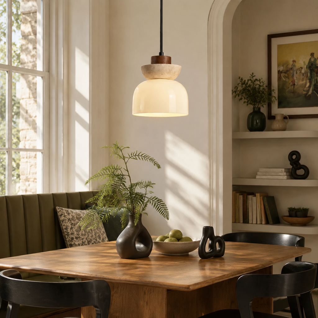 Travertine Glass Pendant Light Kalira, Table ronde a la banquette