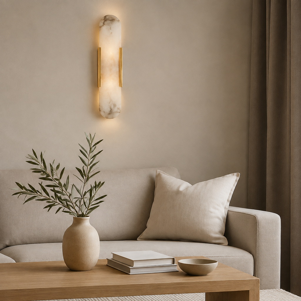 Alabaster Marble Wall Light Selora Brass, Salon