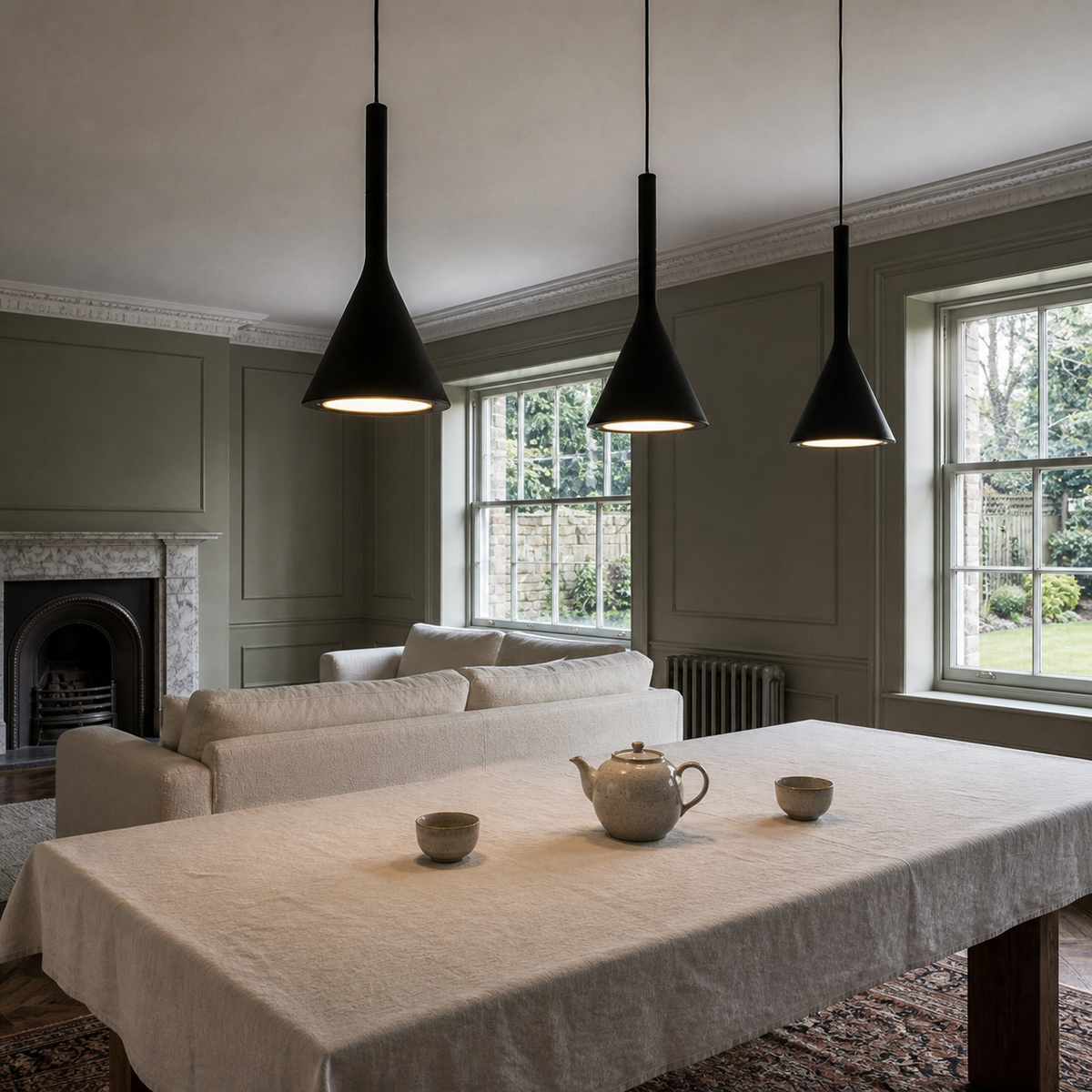 Nordic Funnel Pendant Light Elara, Salle a manger a la cheminee