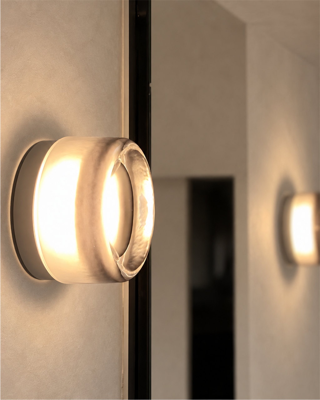 Ribbed Round Flush Wall Light Farela, Miroir, allumee