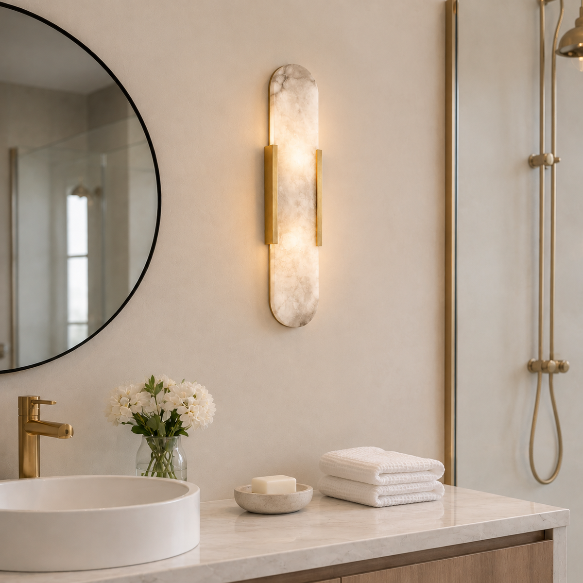 Alabaster Marble Wall Light Selora Brass, Salle de bain