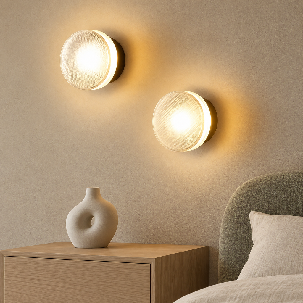 Ribbed Round Flush Wall Light Farela, Chevet, deux appliques
