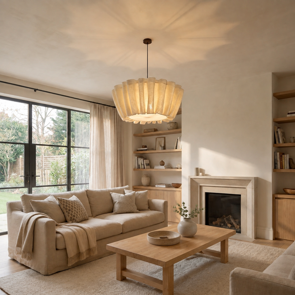 Handmade Fabric Pendant Light Belora, Salon a la cheminee