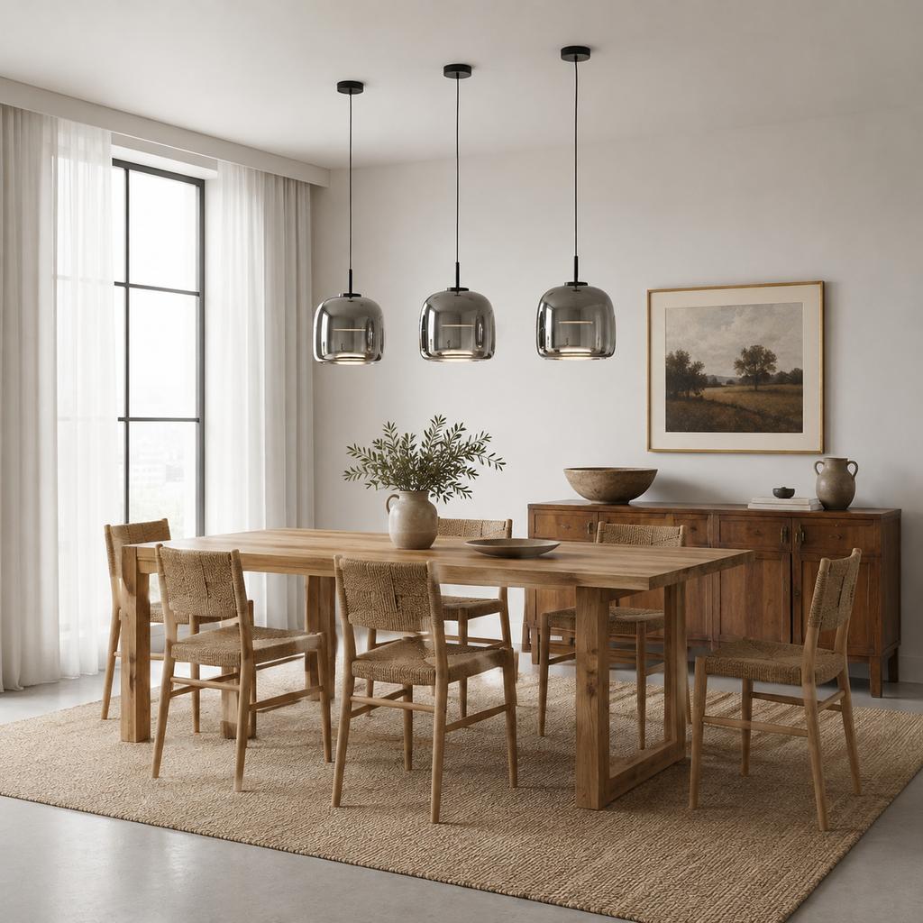 Smoked Glass Pendant Light Ostara, Salle a manger, trois suspensions