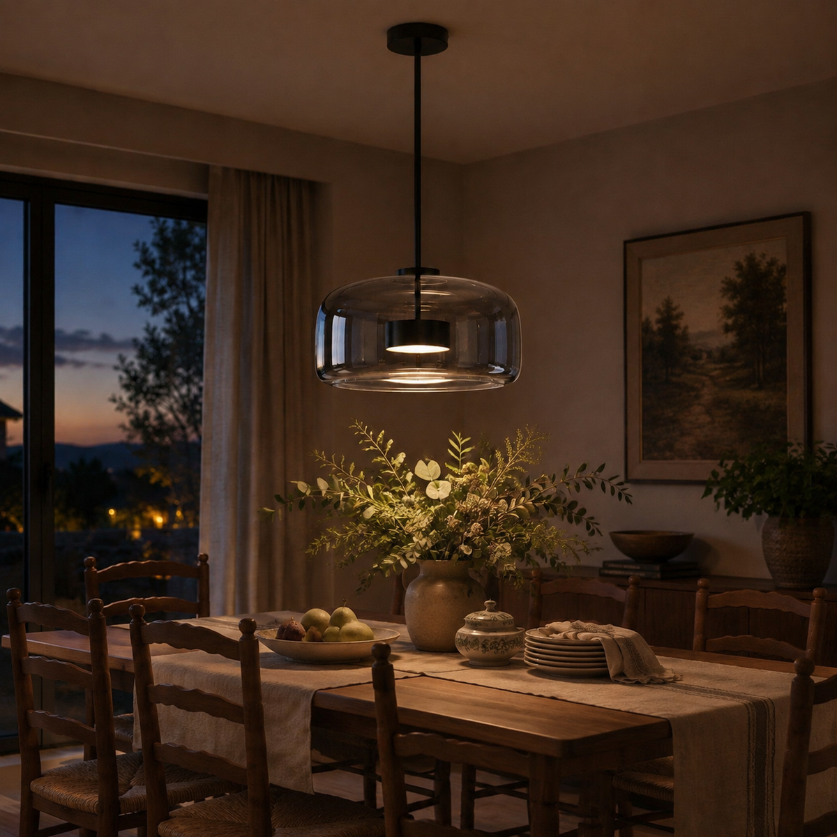 Smoked Glass Pendant Light Ostara, Salle a manger, le soir