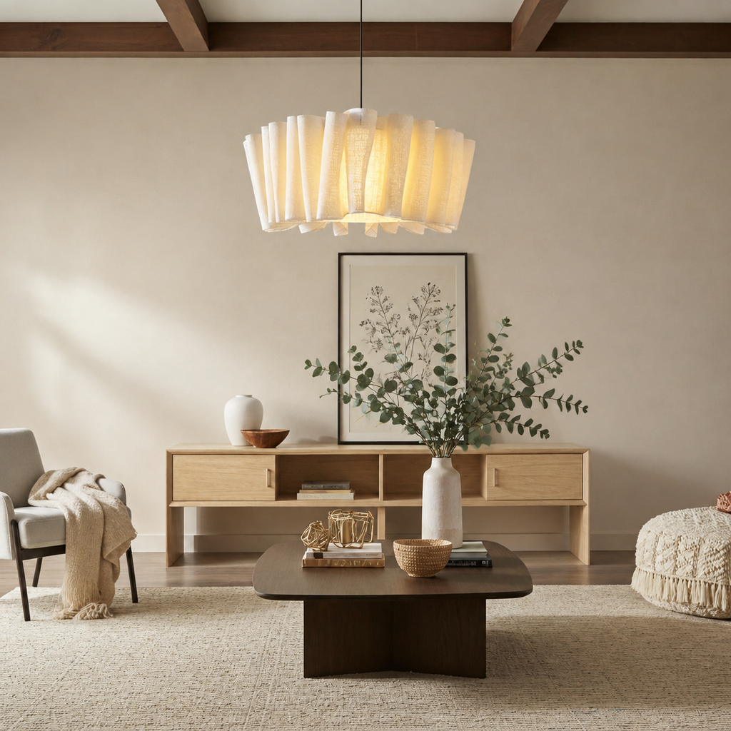 Handmade Fabric Pendant Light Belora, Salon au buffet