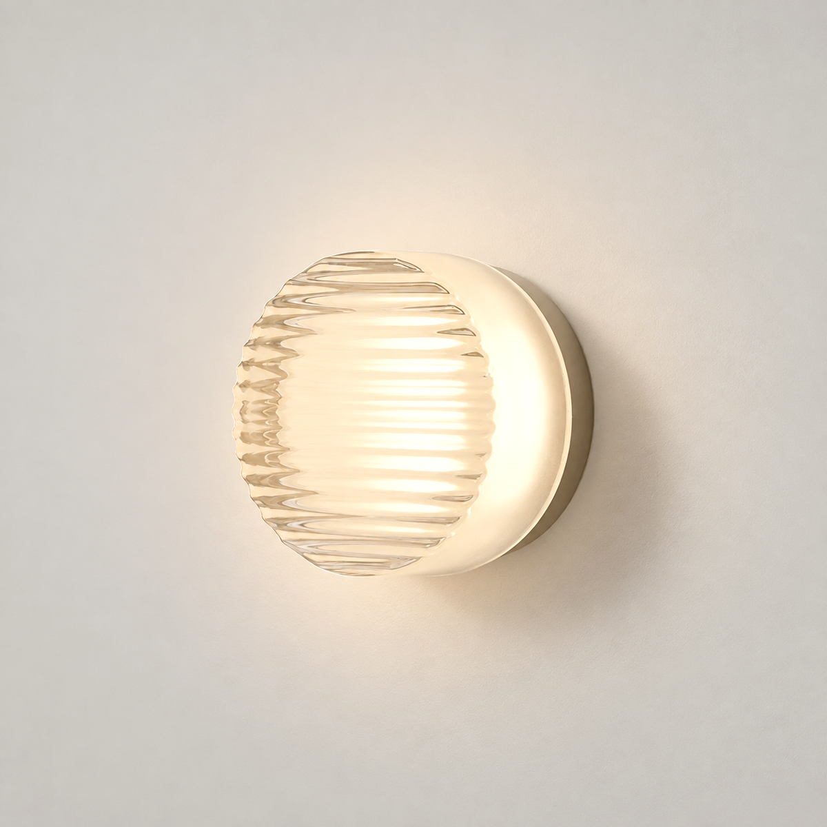 Ribbed Round Flush Wall Light Farela White, Clear Ribbed, Fond neutre