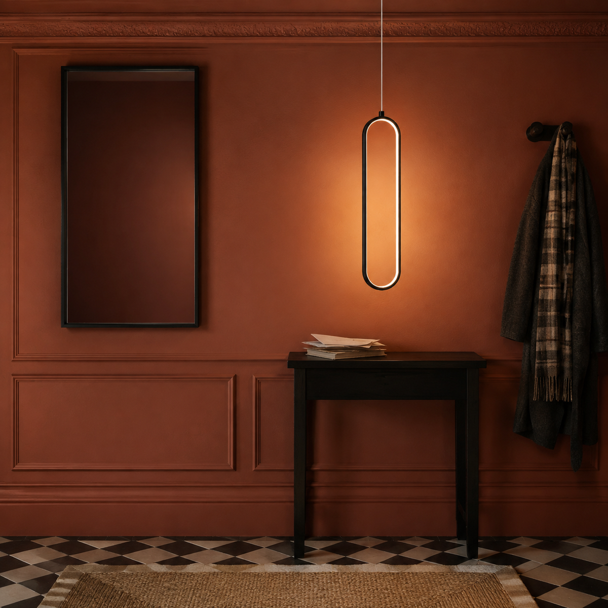 Slim Oval Halo Pendant Light Caleva, Mise en situation, entree a damier