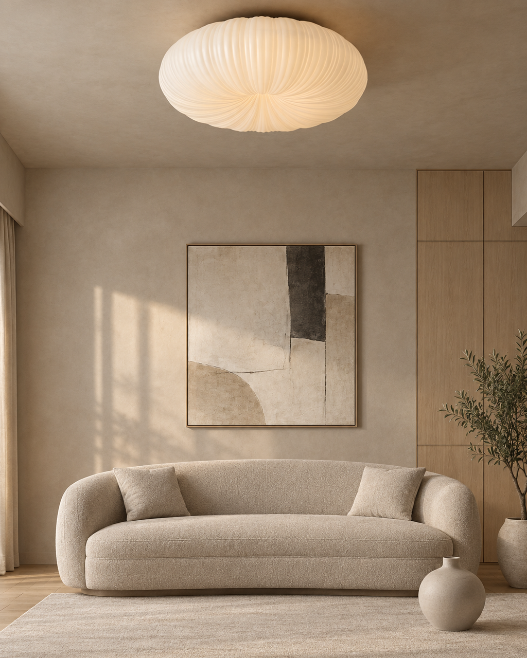 Pleated Pumpkin Ceiling Light Pavena, Salon sombre