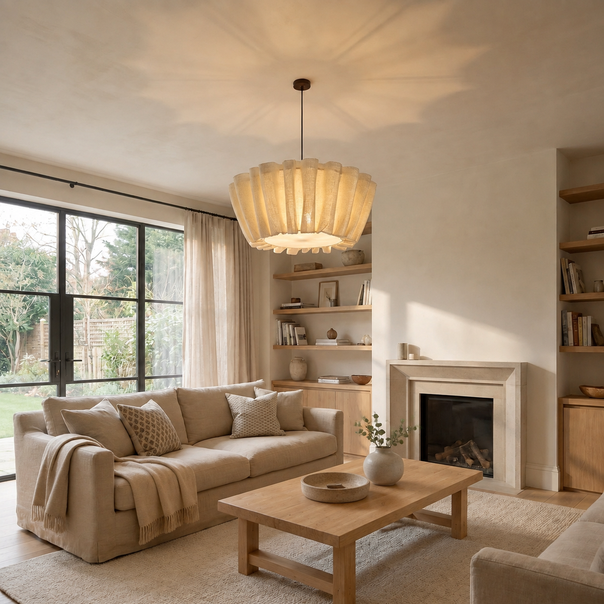 Handmade Fabric Pendant Light Belora, Mise en situation, salon a la cheminee