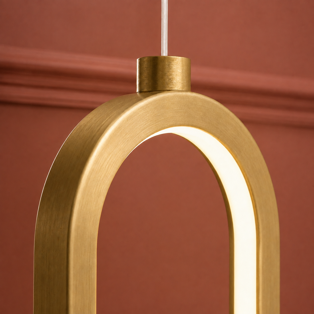 Slim Oval Halo Pendant Light Caleva, Gros plan sur le laiton