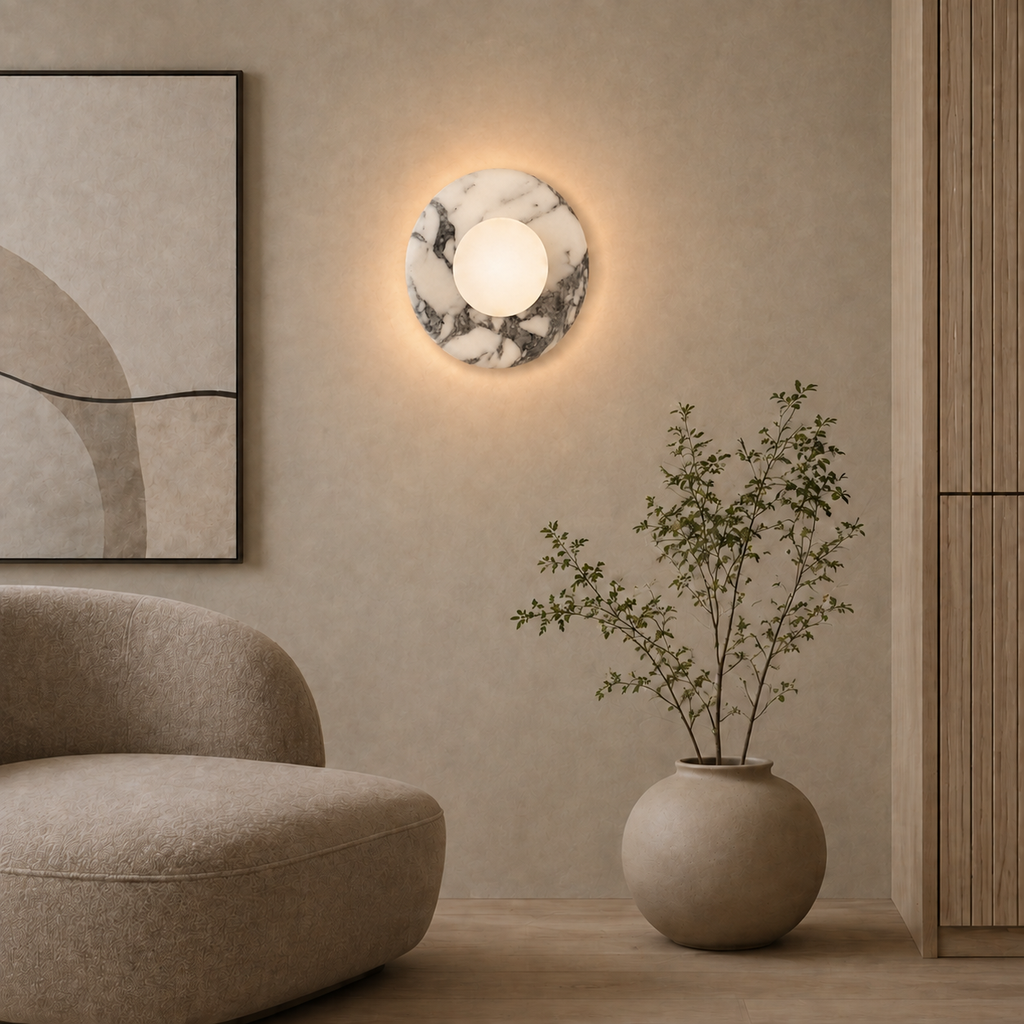 Marble and Glass Wall Light Tenara, Salon, white marble