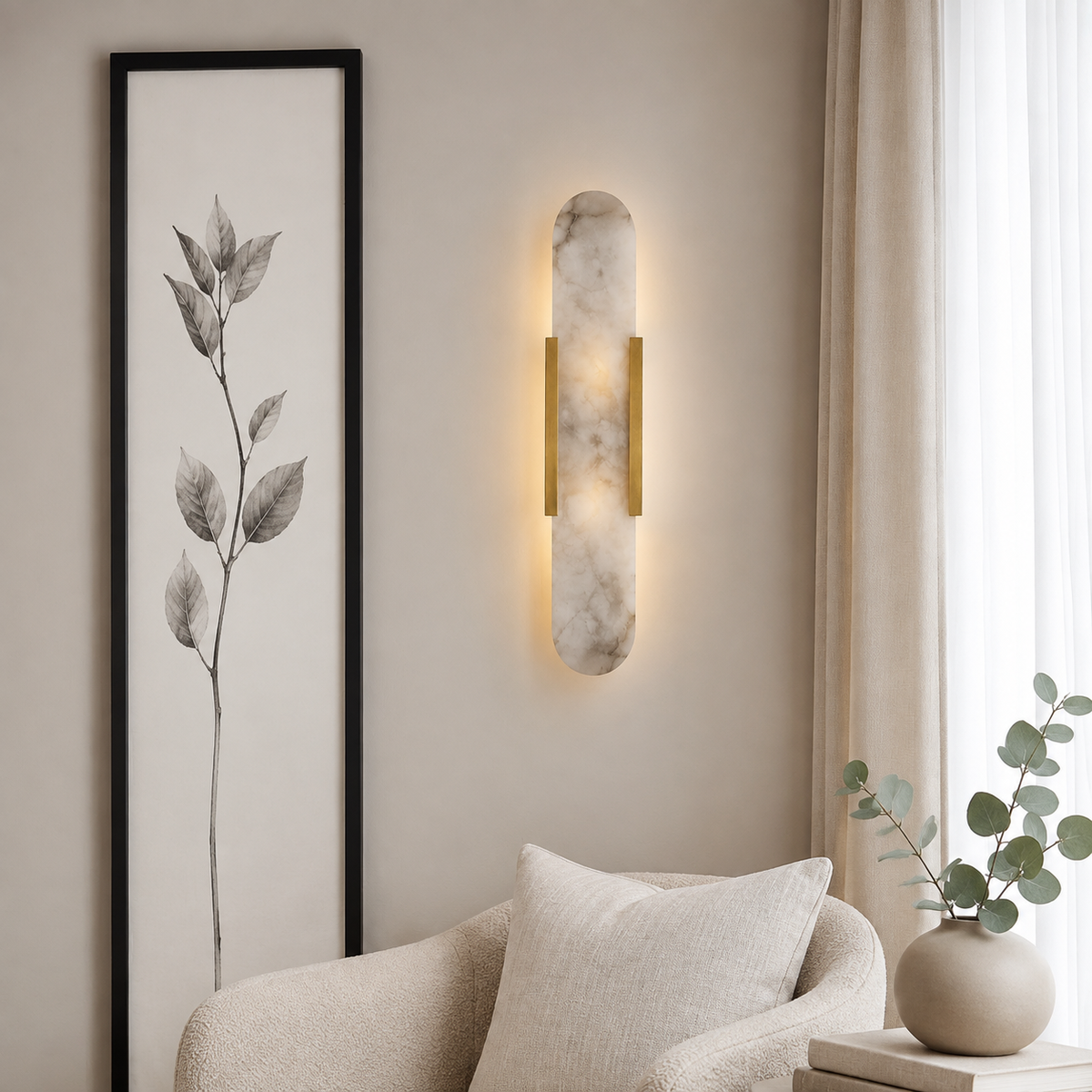 Alabaster Marble Wall Light Selora Brass, Sejour au cadre