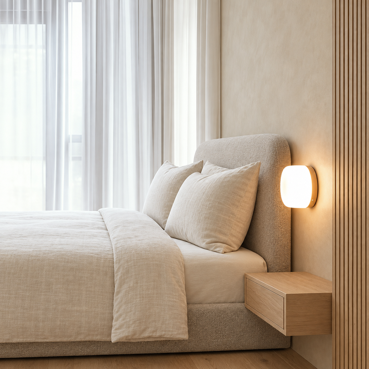 Ribbed Round Flush Wall Light Farela, Mise en situation, chambre