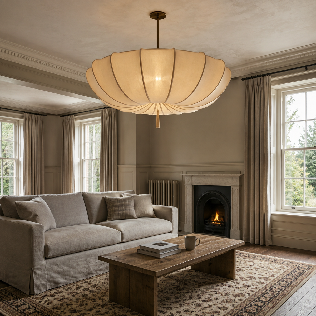 Wabi Sabi Fabric Pendant Light Delira, Mise en situation, salon aux rideaux