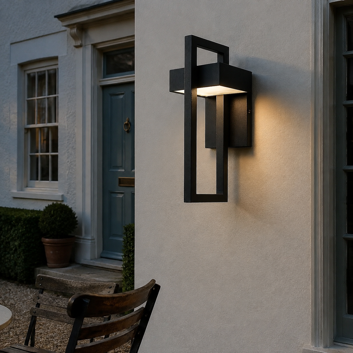 Outdoor Down Wall Light Perina, Facade, le soir