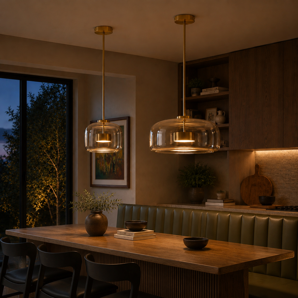 Smoked Glass Pendant Light Ostara, Cuisine, le soir