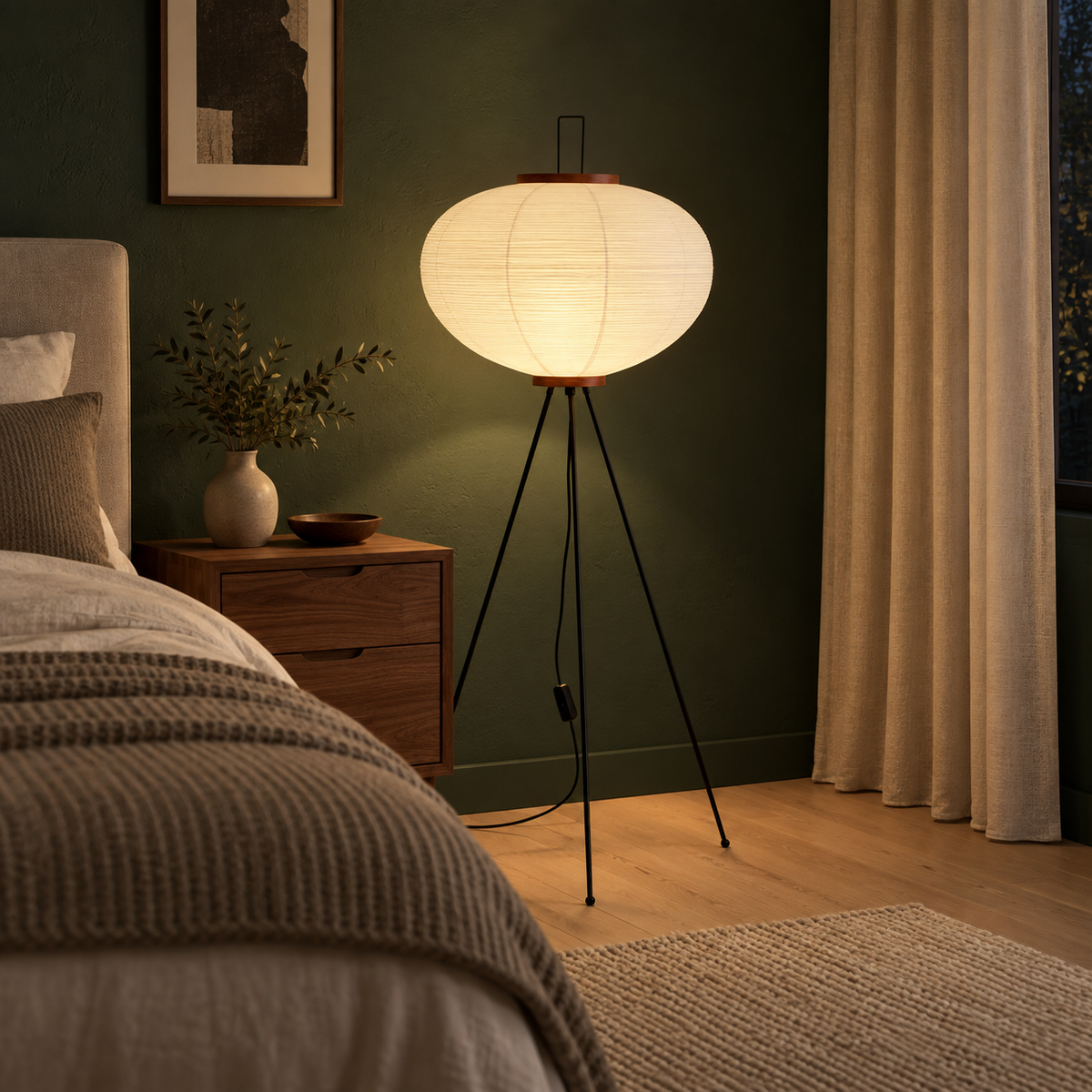Verira rice paper floor lamp lit beside a bed against a forest green wall