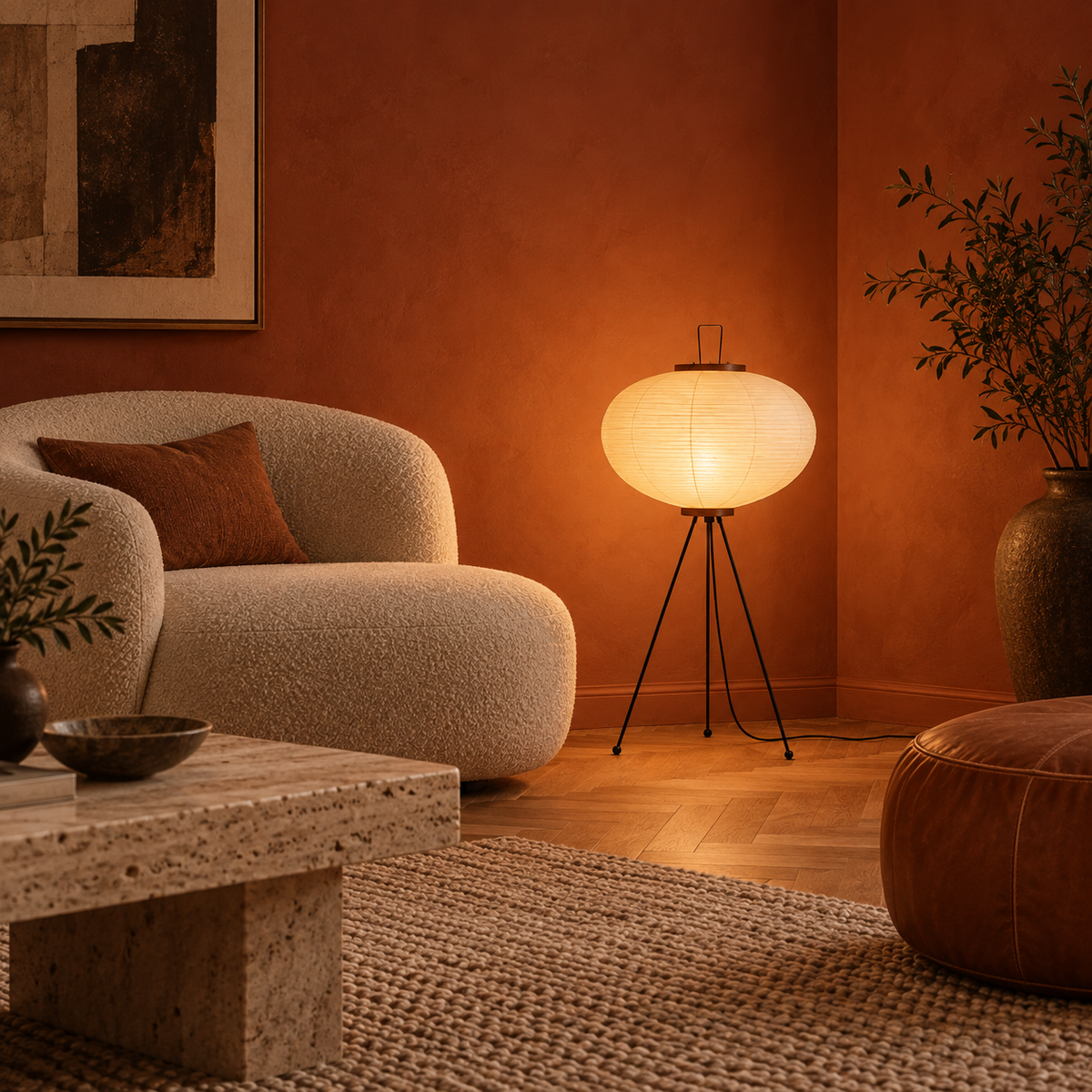 Verira floor lamp beside a boucle armchair in a terracotta living room